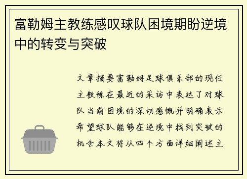 富勒姆主教练感叹球队困境期盼逆境中的转变与突破