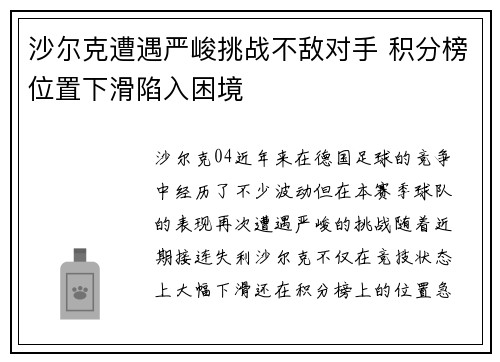 沙尔克遭遇严峻挑战不敌对手 积分榜位置下滑陷入困境