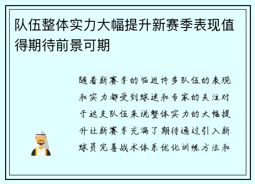 队伍整体实力大幅提升新赛季表现值得期待前景可期