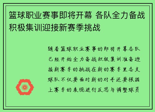 篮球职业赛事即将开幕 各队全力备战积极集训迎接新赛季挑战