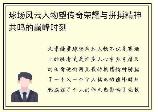 球场风云人物塑传奇荣耀与拼搏精神共鸣的巅峰时刻