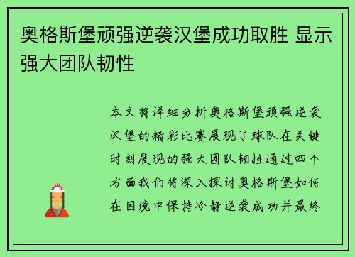 奥格斯堡顽强逆袭汉堡成功取胜 显示强大团队韧性