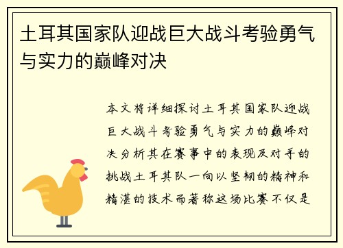 土耳其国家队迎战巨大战斗考验勇气与实力的巅峰对决