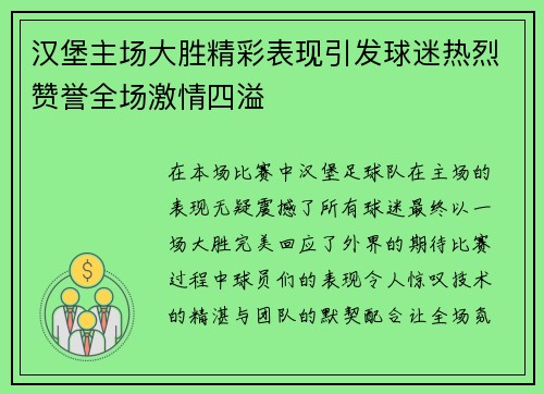 汉堡主场大胜精彩表现引发球迷热烈赞誉全场激情四溢