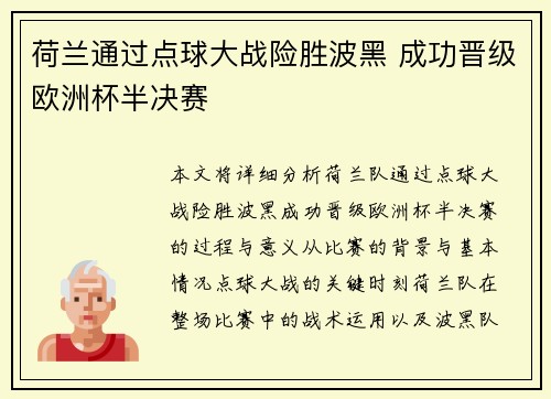 荷兰通过点球大战险胜波黑 成功晋级欧洲杯半决赛